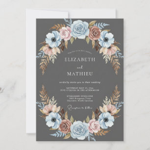 Invitation Mariage Floral Bleu Poussiéreux au Charbon
