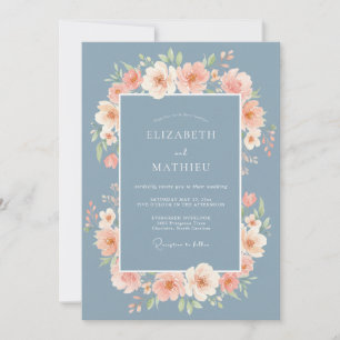 Invitation Mariage Floral Bleu Poussiéreux aux Pêches
