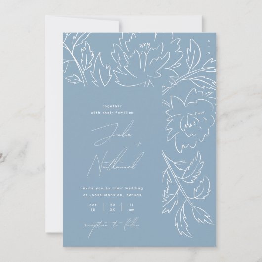 Invitation Mariage Floral Bleu Poussiéreux Boho (Devant)