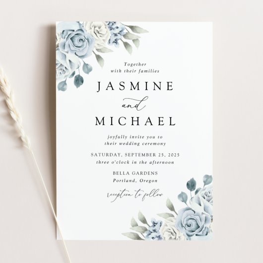 Invitation Mariage Floral Bleu Poussiéreux Élégant