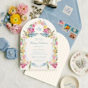 Invitation Mariage Floral Bleu Poussiéreux Élégant Classique