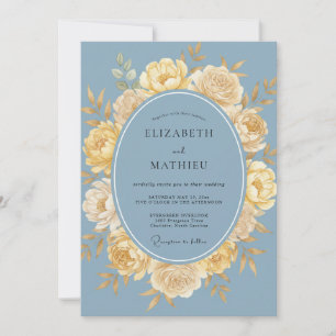 Invitation Mariage Floral Bleu Poussiéreux Jaune