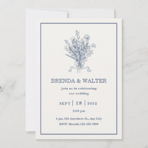 Invitation Mariage Floral Bleu Poussiéreux Minimaliste