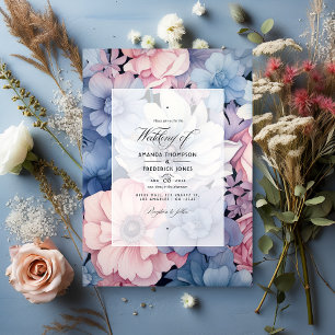 Invitation Mariage floral bleu poussiéreux, rose blush et arg