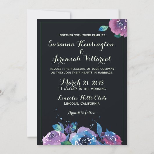 Invitation Mariage floral bleu profond pourpre (Devant)