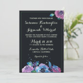 Invitation Mariage floral bleu profond pourpre (Debout devant)