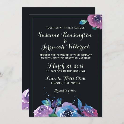 Invitation Mariage floral bleu profond pourpre (Devant / Derrière)