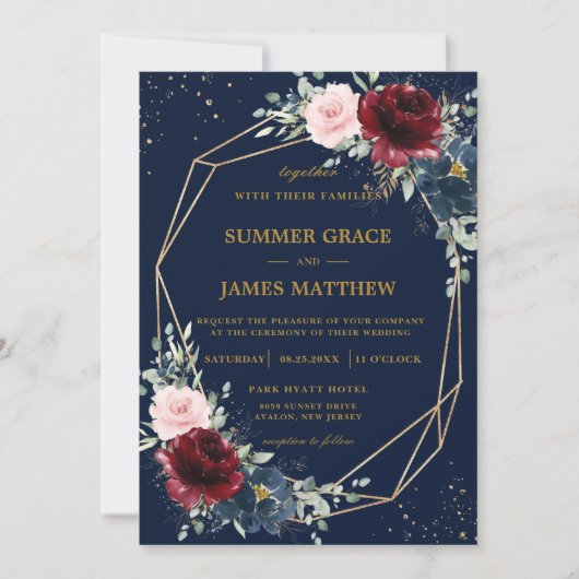Invitation Mariage floral bleu profond rouge bordeaux bleu ma (Devant)