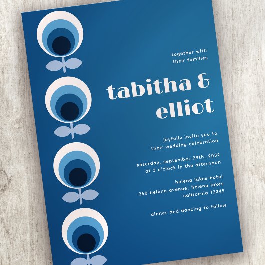 Invitation Mariage floral bleu rétro du milieu du siècle