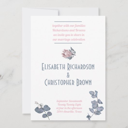 Invitation Mariage floral bleu-rose (Devant)