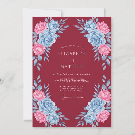 Invitation Mariage Floral Bleu Rose (Devant)