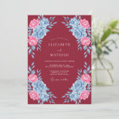 Invitation Mariage Floral Bleu Rose (Debout devant)