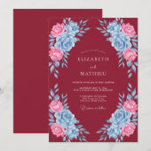 Invitation Mariage Floral Bleu Rose (Devant / Derrière)