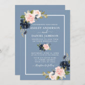 Invitation Mariage floral bleu rose bleu moderne (Devant / Derrière)