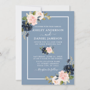 Invitation Mariage floral bleu rose bleu moderne