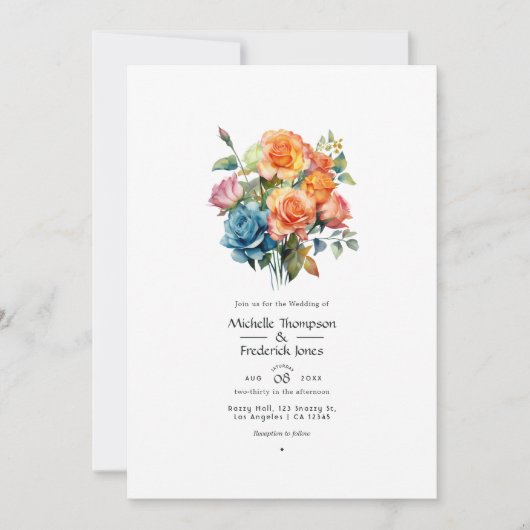 Invitation Mariage Floral Bleu, Rose, Orange et Vert (Devant)