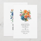Invitation Mariage Floral Bleu, Rose, Orange et Vert (Devant / Derrière)