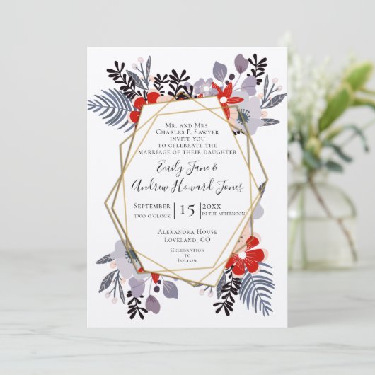 Invitation Mariage Floral bleu rouge rose lavande violet (Debout devant)