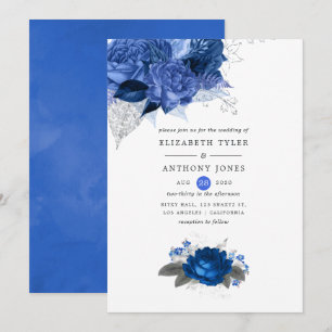 Invitation Mariage floral bleu royal et argent