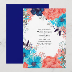 Invitation Mariage floral bleu royal, turquoise et corail