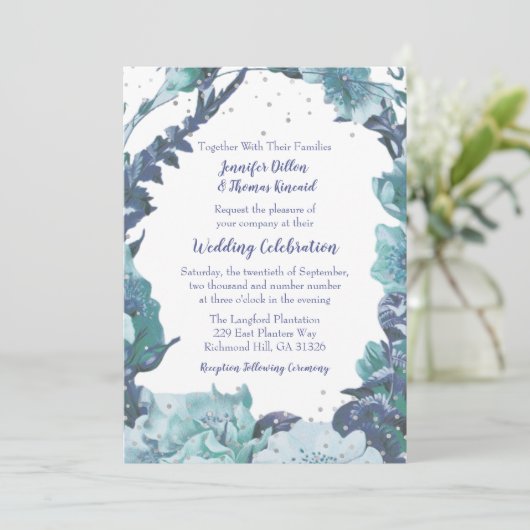 Invitation Mariage floral bleu rustique (Debout devant)