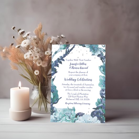 Invitation Mariage floral bleu rustique