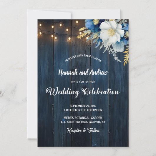 Invitation Mariage Floral bleu rustique (Devant)