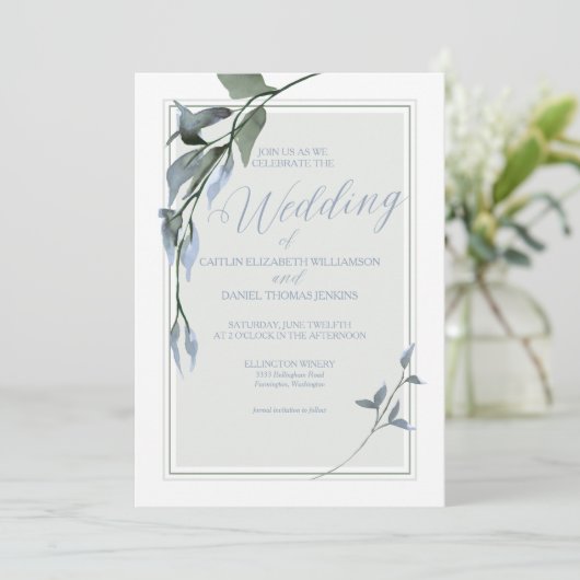 Invitation Mariage floral bleu simple (Debout devant)