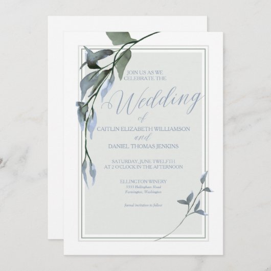 Invitation Mariage floral bleu simple (Devant / Derrière)