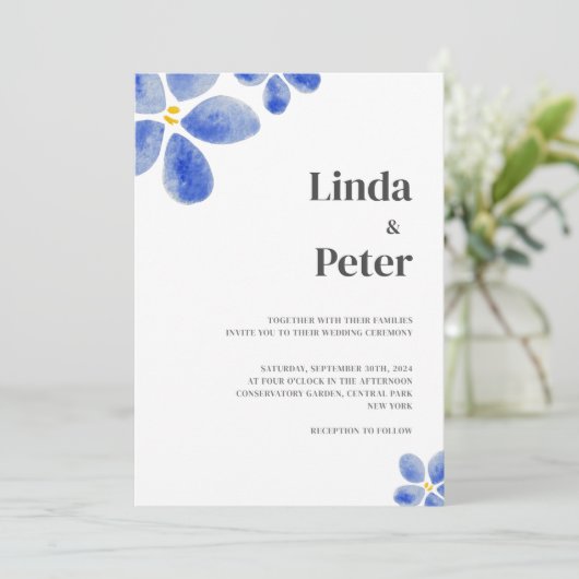 Invitation Mariage floral bleu simple (Debout devant)