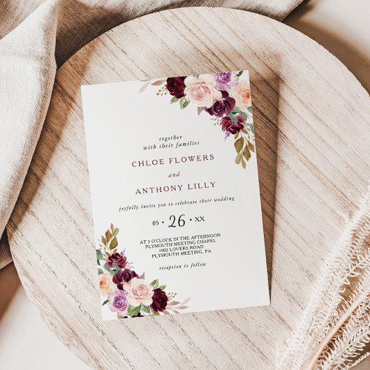 Invitation Mariage floral bleu vert Bourgogne