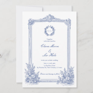 Invitation Mariage Floral Bleu Victorien Français Élégant