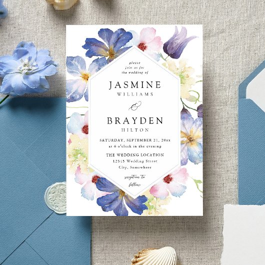 Invitation Mariage Floral bleu violet