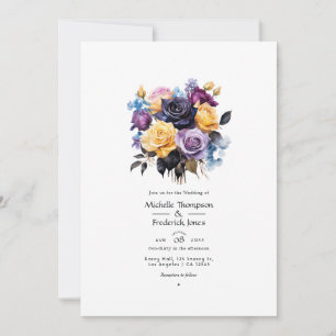 Invitation Mariage Floral Bleu, Violet, Or et Noir