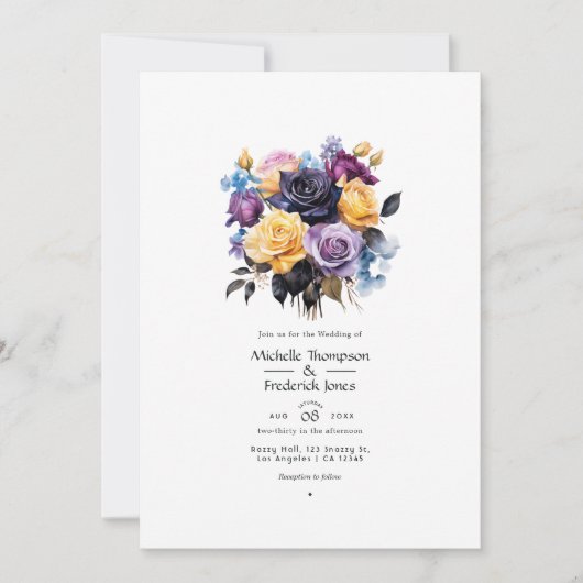 Invitation Mariage floral bleu, violet, or et noir (Devant)