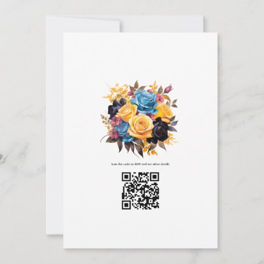 Invitation Mariage floral bleu, violet, or et noir (Dos)