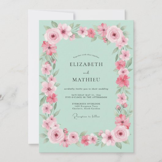 Invitation Mariage Floral Bloom Menthe (Devant)