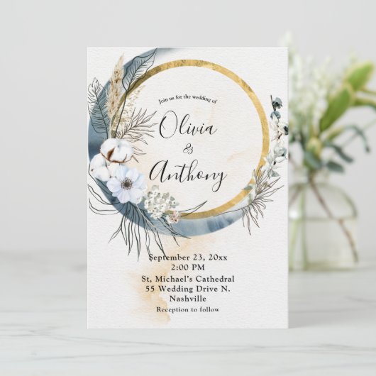 Invitation Mariage Floral Blue Gold Boho (Debout devant)