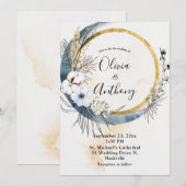 Invitation Mariage Floral Blue Gold Boho (Devant / Derrière)