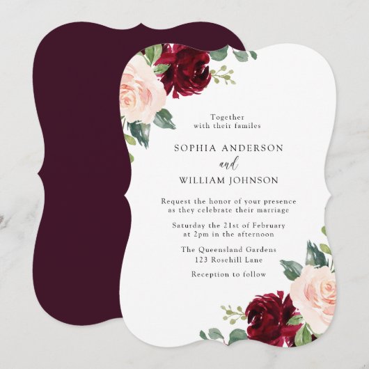 Invitation Mariage floral Blush & Bourgogne (Devant / Derrière)
