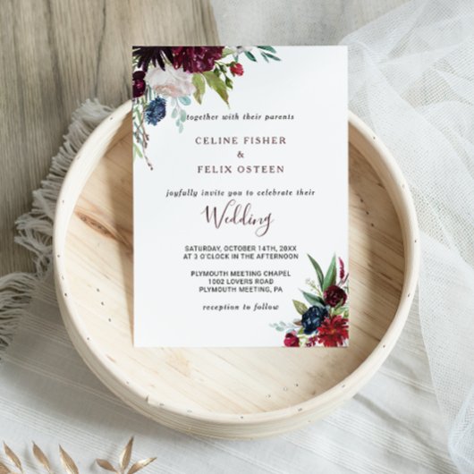 Invitation Mariage floral Blush de la marine bourguignonne mo