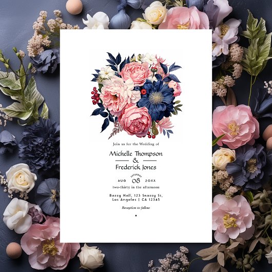 Invitation Mariage floral Blush et Navy