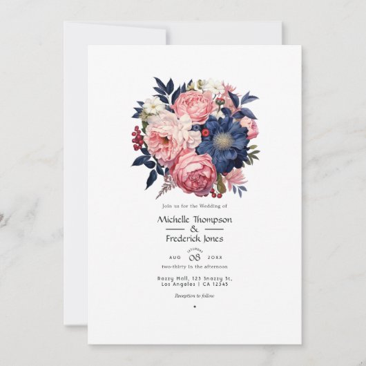 Invitation Mariage floral Blush et Navy (Devant)