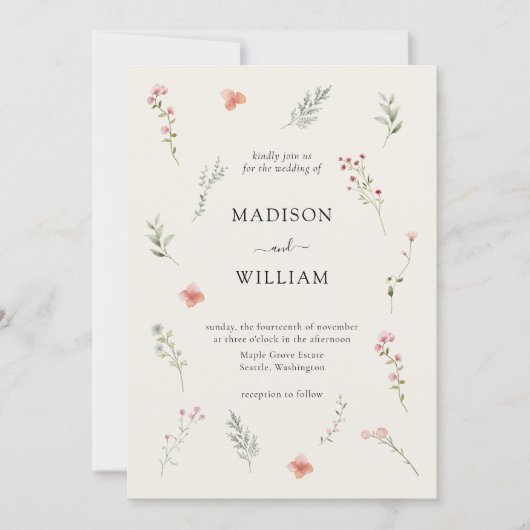 Invitation Mariage Floral Bohème Beige Fleur Sauvage Minimal (Devant)