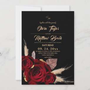 Invitation Mariage floral Bohème Bourguignon et Roses Noires