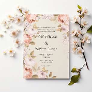 Invitation Mariage floral bohème rustique rose corail ivoire