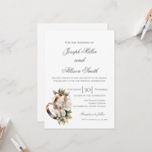 Invitation Mariage floral boho avec anneaux (Devant/Arrière en situation)