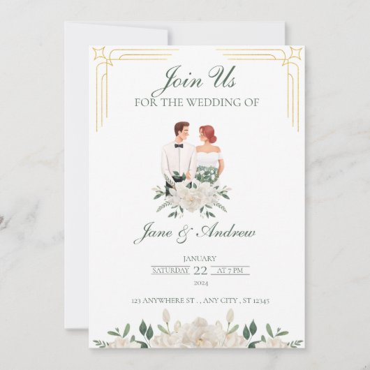 Invitation Mariage Floral Boho Blanc Et Vert (Devant)