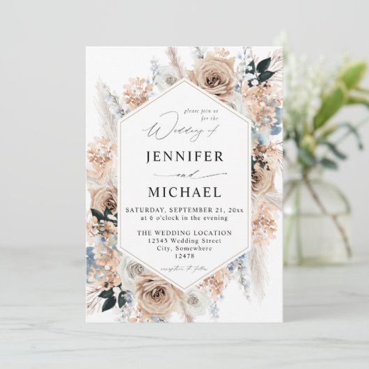 Invitation Mariage Floral Boho Bleu & Beige (Debout devant)