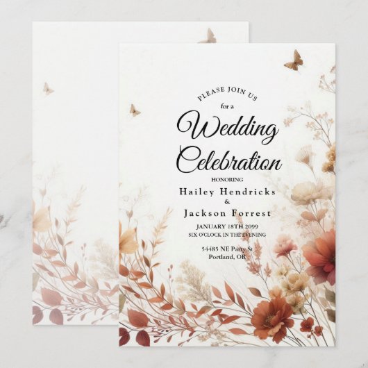 Invitation Mariage Floral Boho Browns avec Papillons (Devant / Derrière)